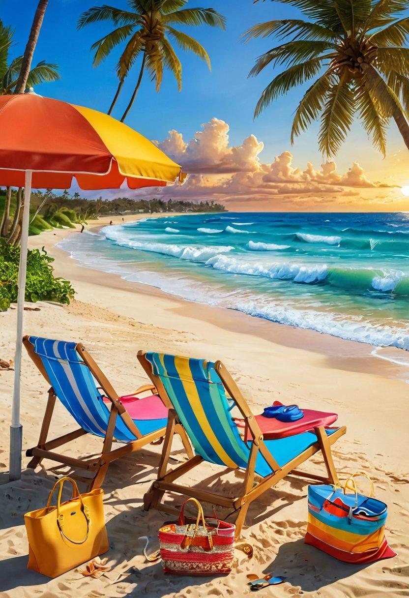 A vibrant beach scene featuring colorful lounge chairs, whimsical umbrellas, and stylish beach bags scattered along a golden sandy shore. In the background, crystal-clear waves crash gently against the beach, while sun-drenched palm trees sway. Include a glowing sunset adding warmth to the scene, with playful beach accessories like flip-flops and a surfboard nearby. super-realistic. vibrant colors. warm tones.