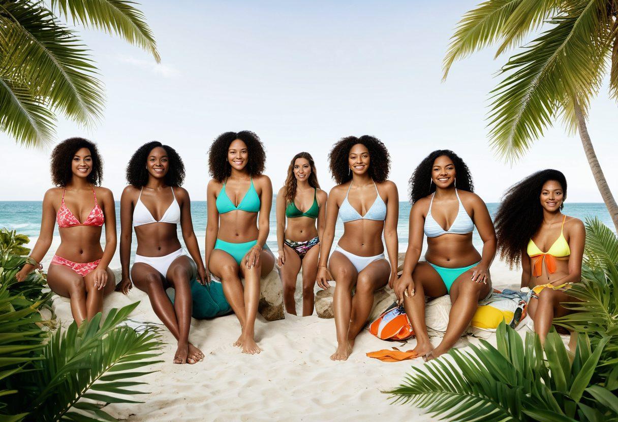 A vibrant summer scene featuring a diverse group of individuals wearing stylish, eco-friendly swimwear made from recycled materials, lounging by a pristine beach. Emphasize lush greenery, sparkling ocean waves, and colorful beach accessories made from sustainable materials. Capture the essence of summer joy and eco-conscious fashion. super-realistic. vibrant colors. white background.